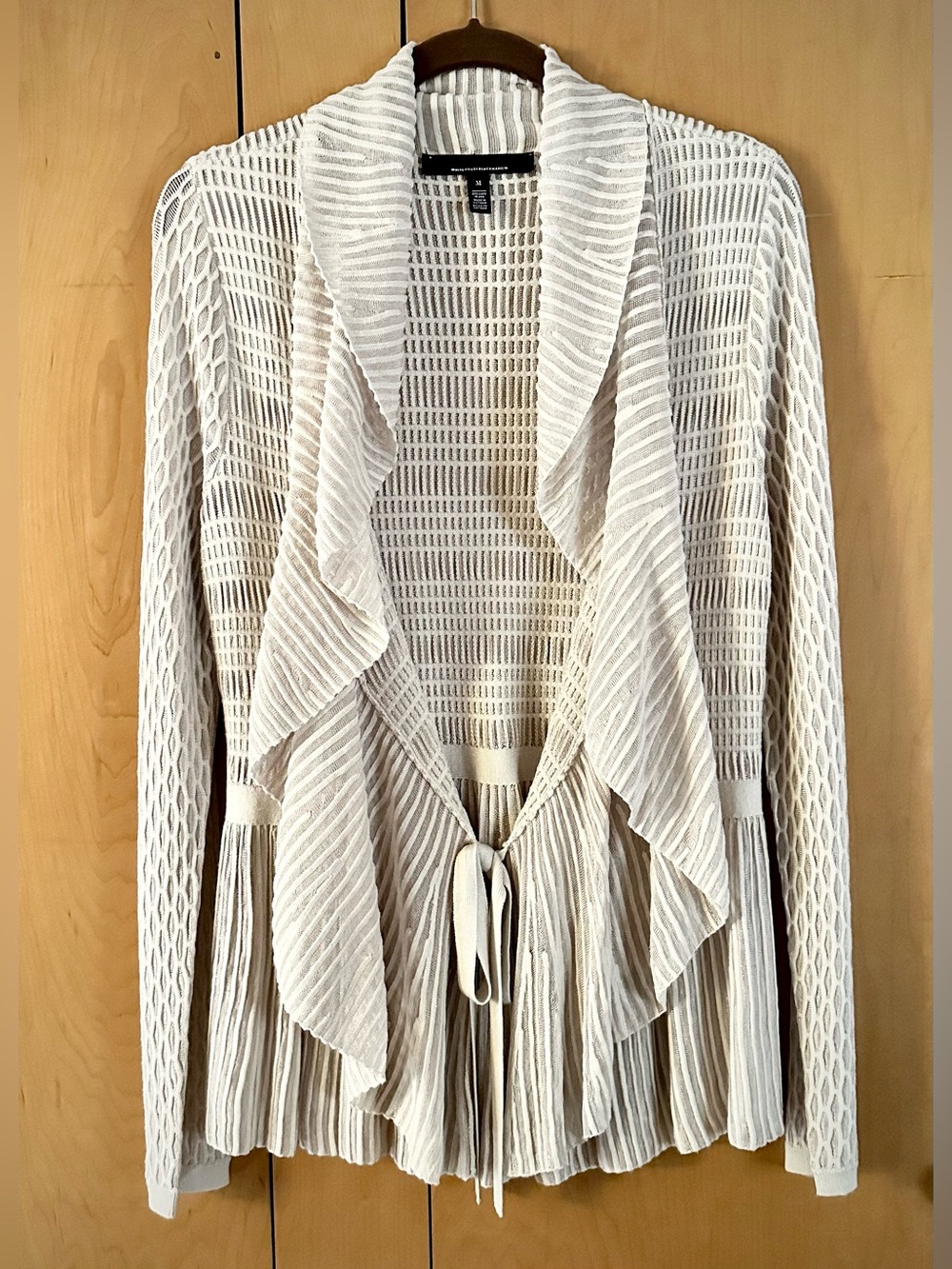 White House Black Market Pointelle Ruffle Peplum Neutral Cardigan Tie Front M